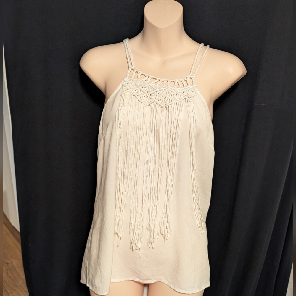 Dizzy Lizzy White Macrame Fringes Halter Top